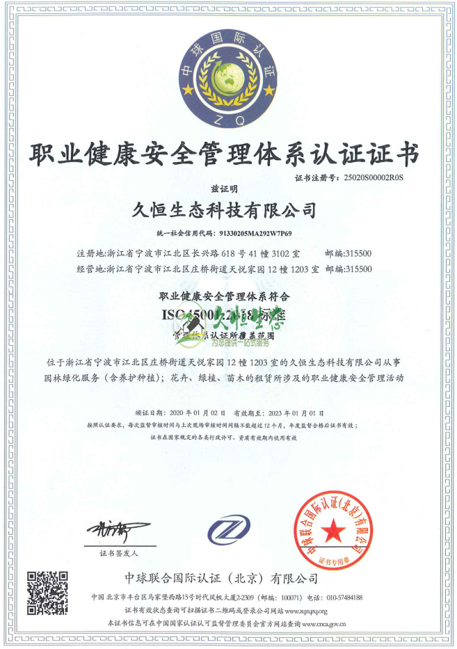 桐乡职业健康安全管理体系ISO45001证书